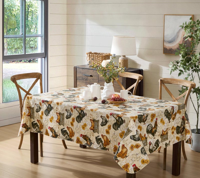 Newbridge Farm Fresh Rooster Rectangle Vinyl Flannel Backed Tablecloth, 60 x 84 Inch, Indoor Outdoor Vinyl Table Cloth, Roosters and Hens - Image 1